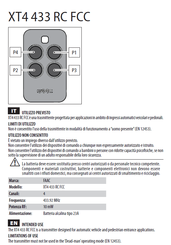 Document XT4 433 RC FCC